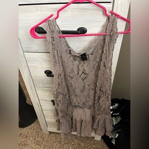BKE Boutique Taupe Lace Short Sleeve Cardigan